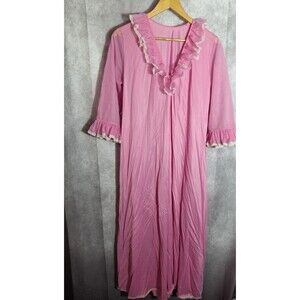 VTG 70's Hollywood Vassarette Pink Peignoir Nightgown Large Sheer Barbiecore USA